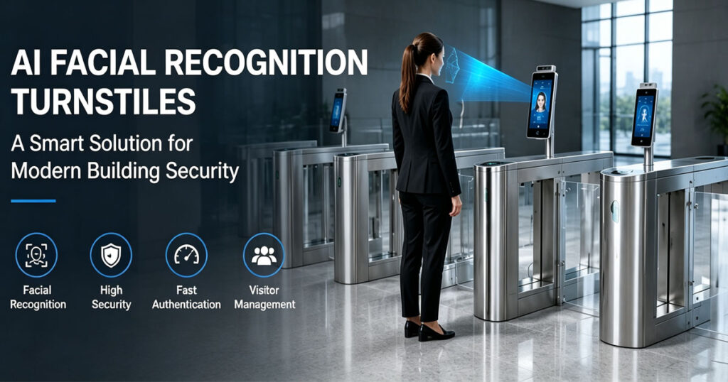 AI facial recognition turnstiles, contactless smart access control for modern office building security