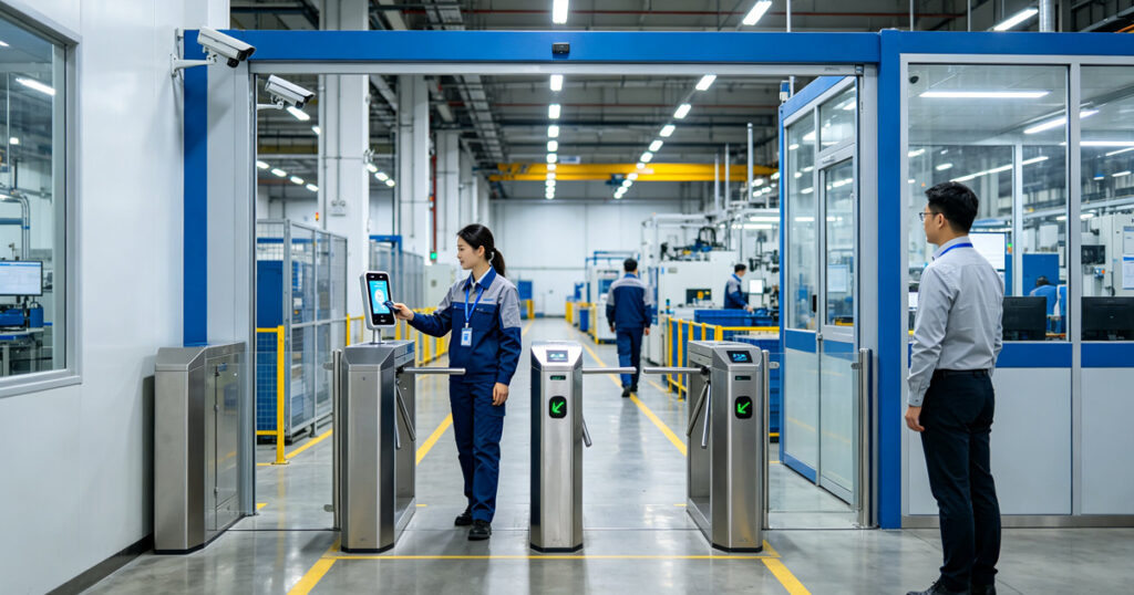 Anti-tailgating turnstile system at a manufacturing facility entrance