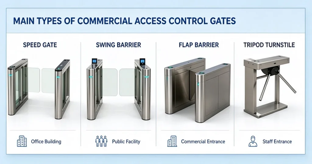Different commercial access control gate types including speed gate swing barrier flap barrier and tripod turnstile