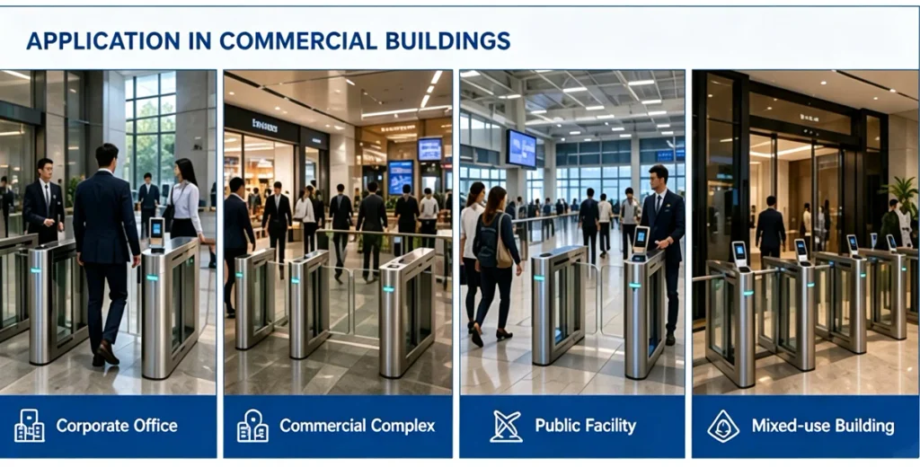 Commercial office entrance with automatic access control gates for employees and visitors