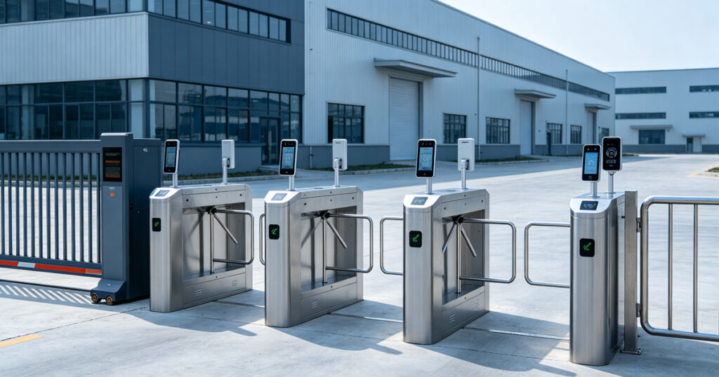 Business employees passing smart speed gate turnstile with dual‑side facial recognition terminal in modern commercial office building