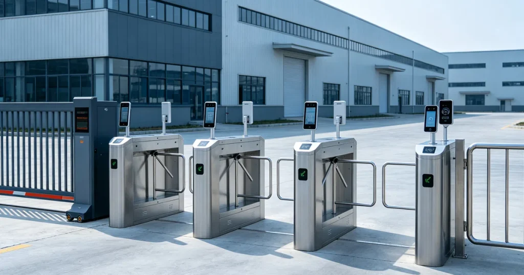 Business employees passing smart speed gate turnstile with dual‑side facial recognition terminal in modern commercial office building