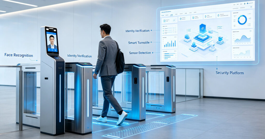 Facial recognition terminal integrated with anti-tailgating turnstile security system