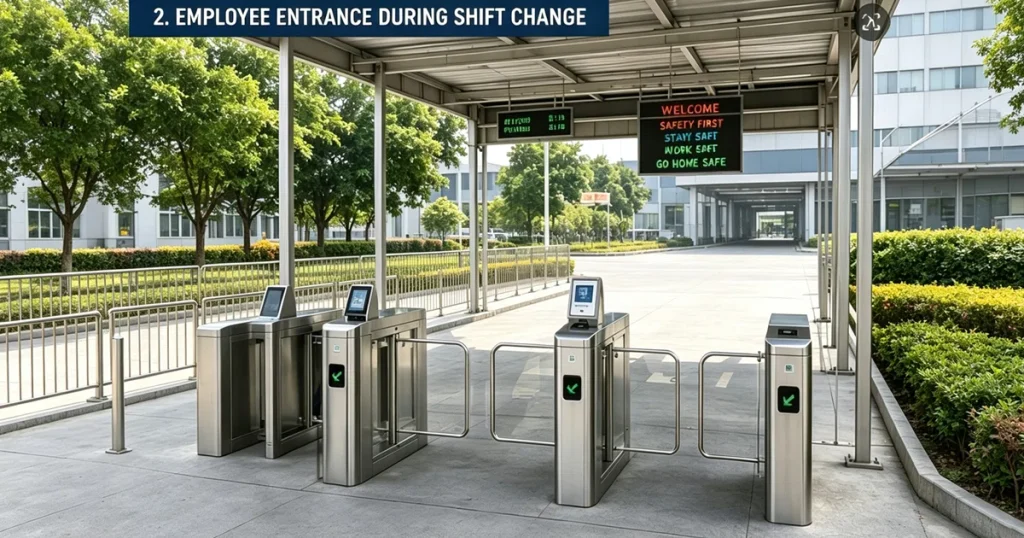 Factory employee entrance with stainless steel swing turnstile access control gates, equipped with RFID and facial recognition readers for staff shift check-in at industrial facility