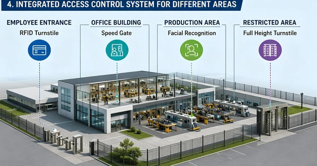 Integrated access control system diagram for factory different functional zones