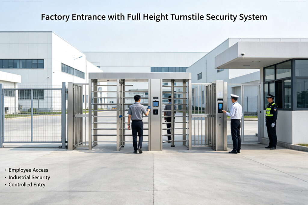 Full height turnstile system installed at factory entrance for industrial security access control