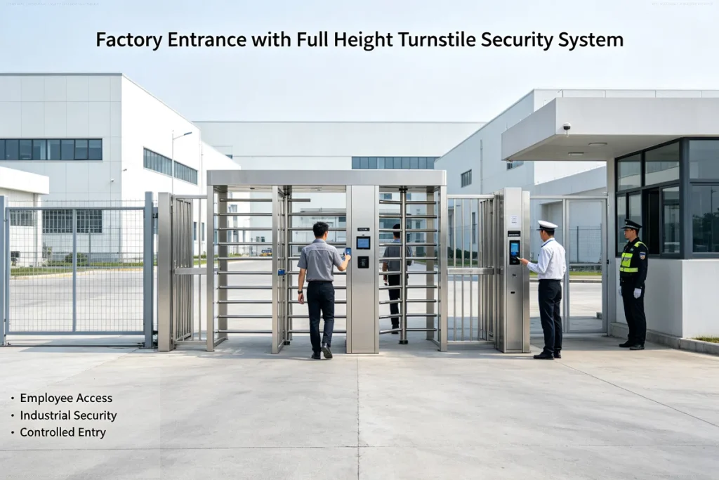 Full height turnstile system installed at factory entrance for industrial security access control