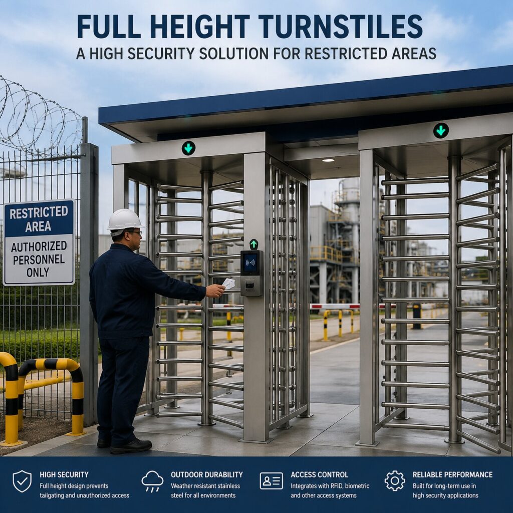 Full height turnstile providing high security access control for restricted industrial areas