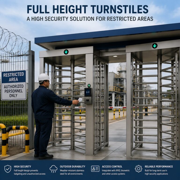 Full height turnstile providing high security access control for restricted industrial areas