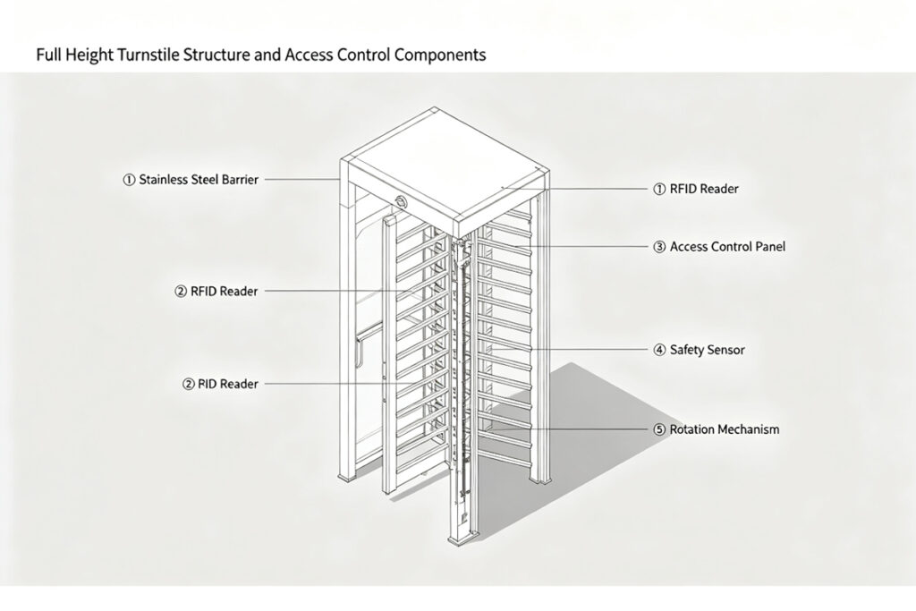 Full height turnstile structure with access control components for secure pedestrian entrance