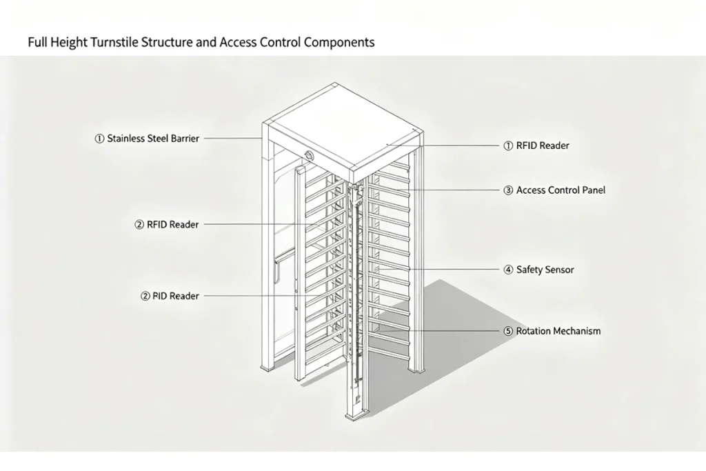 Full height turnstile structure with access control components for secure pedestrian entrance