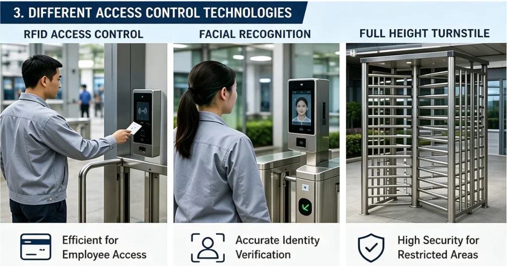 Comparison chart of 3 industrial access control technologies: RFID card access, facial recognition turnstile, and full-height security turnstile for factory employee identity verification