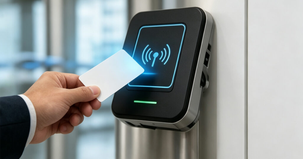 Employee taps RFID card on smart card reader for secure office access control