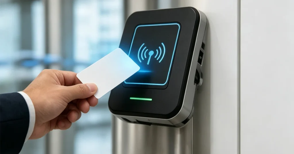 Employee taps RFID card on smart card reader for secure office access control