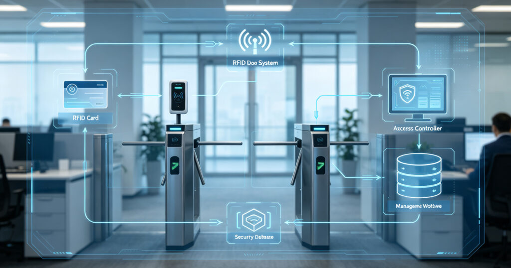 Security administrator checks real‑time RFID access records on management system dashboard