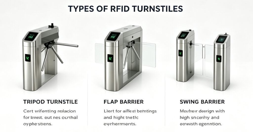 Tripod turnstile, flap barrier and swing barrier for RFID pedestrian access control solutions