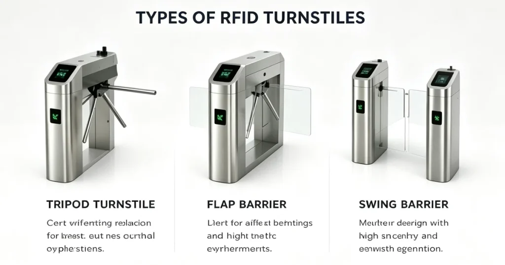 Tripod turnstile, flap barrier and swing barrier for RFID pedestrian access control solutions