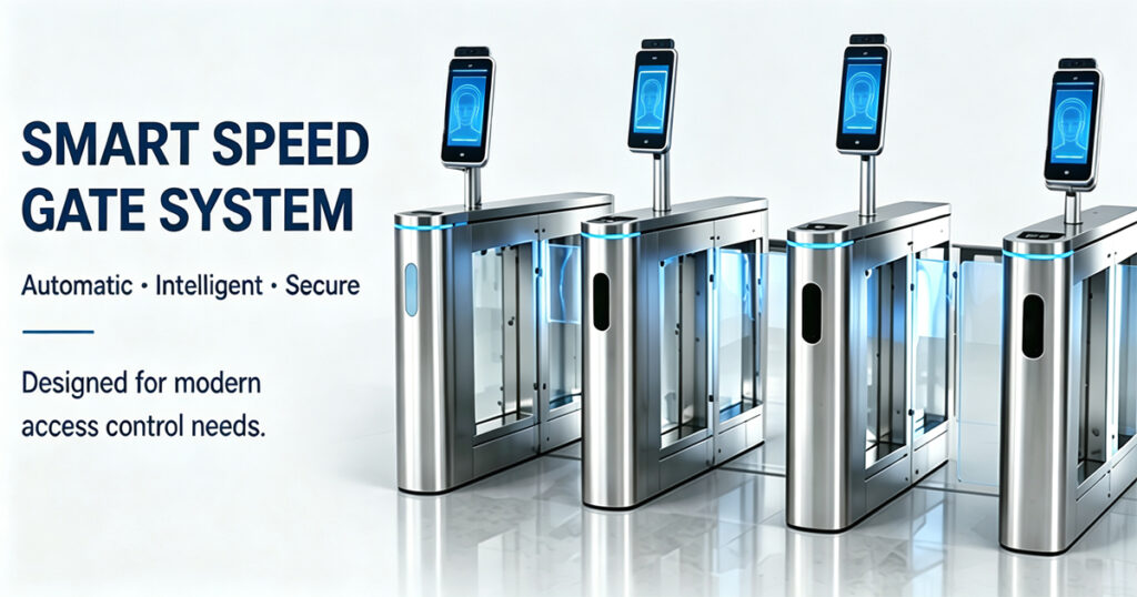 Stainless steel smart speed gate turnstile equipped with facial recognition terminal, automatic pedestrian access control barrier for office and commercial building security