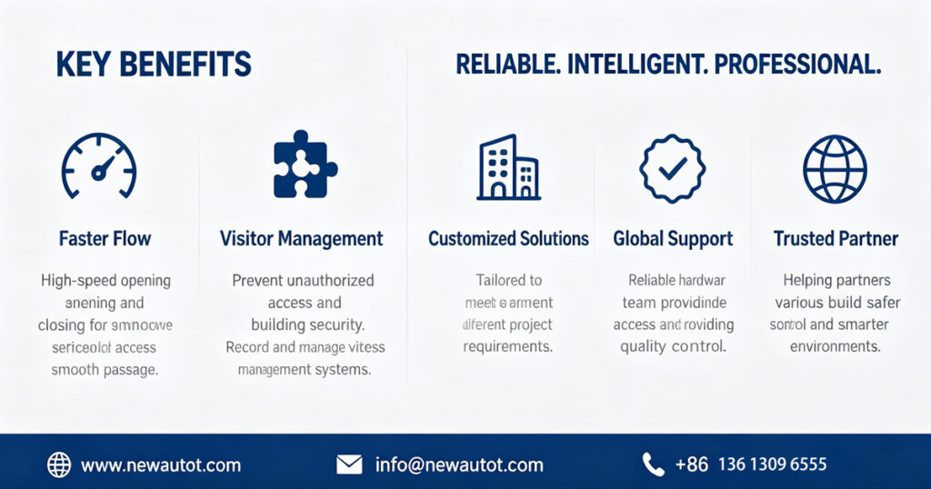 Infographic showing key advantages of smart pedestrian speed gate: faster passage flow, visitor management, customized security solutions and global technical support