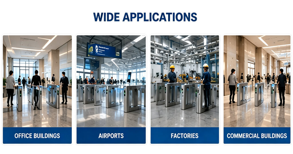 Application scenarios of facial recognition speed gate turnstile, suitable for office buildings, airports, factories and commercial buildings pedestrian access control