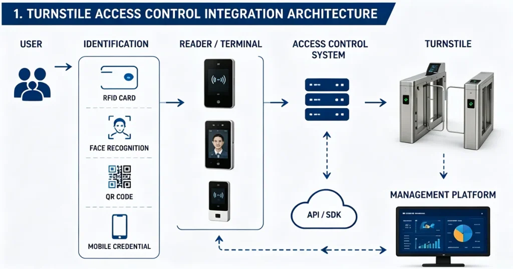 Turnstile access control integration architecture, user identification, reader terminal, access control system and management platform workflow