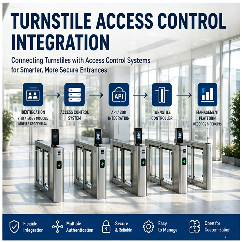 Turnstile access control integration diagram, showing workflow from identification to management platform for pedestrian security entrances