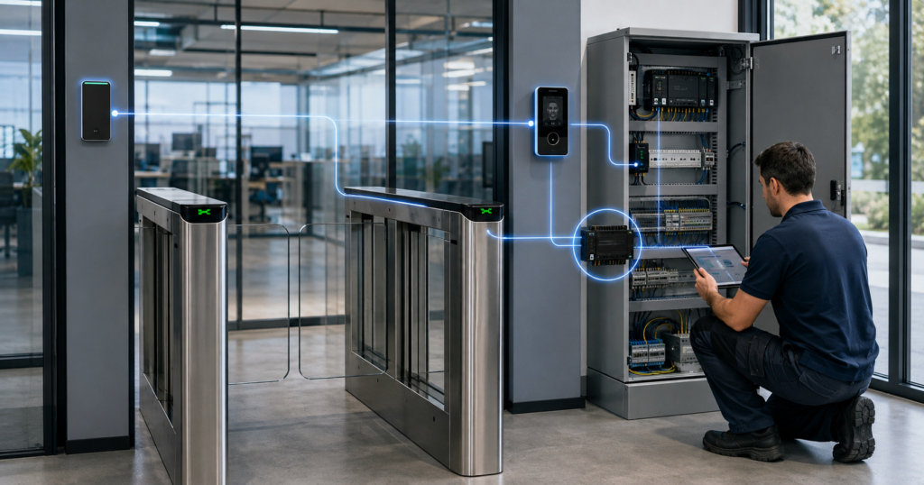 Turnstile controller system architecture connecting reader gate and management software