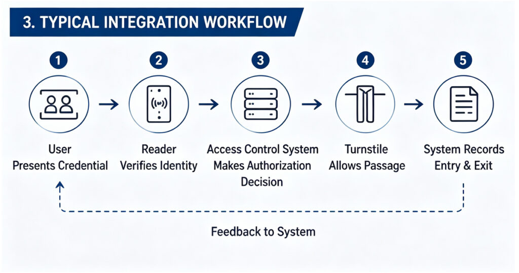 Typical turnstile integration workflow, user credential verification, authorization decision, gate opening and access record feedback process
