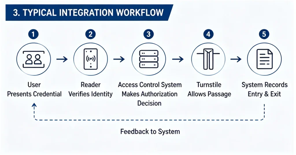 Typical turnstile integration workflow, user credential verification, authorization decision, gate opening and access record feedback process