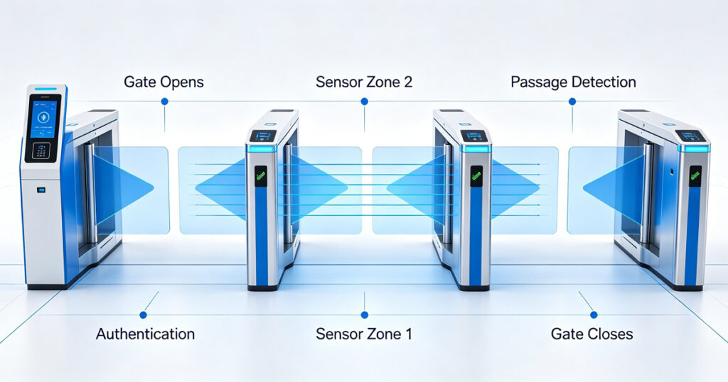 Turnstile tailgating detection system using multiple pedestrian sensors