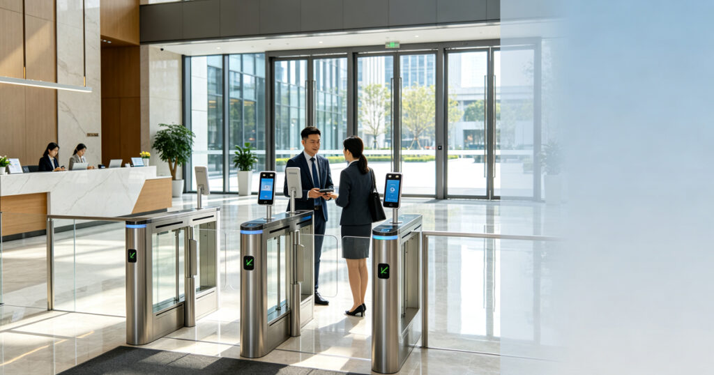 Turnstile manufacturer key benefits infographic: reliable quality, customized solutions, smart technology, global support for access control projects