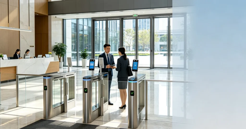 Turnstile manufacturer key benefits infographic: reliable quality, customized solutions, smart technology, global support for access control projects