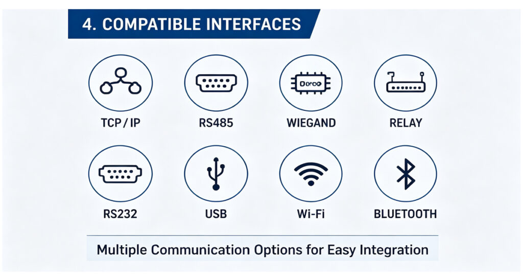 Turnstile compatible interfaces: TCP/IP, RS485, Wiegand, Relay, USB, WiFi, Bluetooth for access control integration