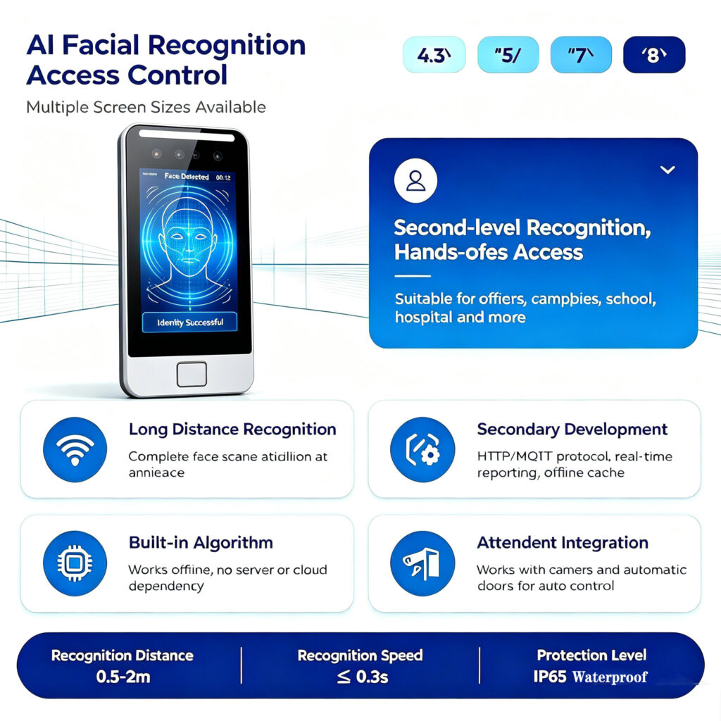 AI Facial Recognition Access Control Terminal, biometric face scan access control device with screen, RFID card reader for office campus school security