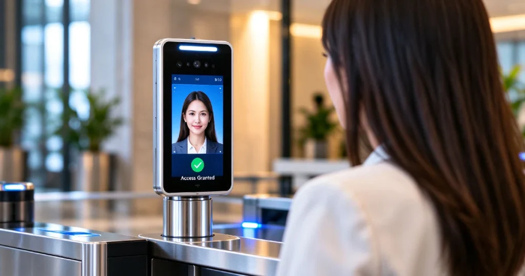 facial recognition terminal at commercial building entrance