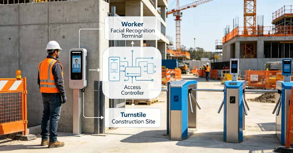 Construction site access control diagram showing worker facial recognition terminal, access controller and tripod turnstile for construction worker entry management