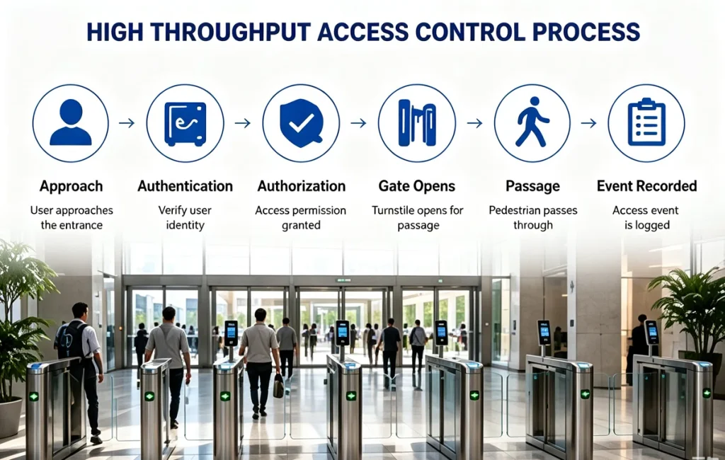 High throughput turnstile access control process from authentication to pedestrian passage