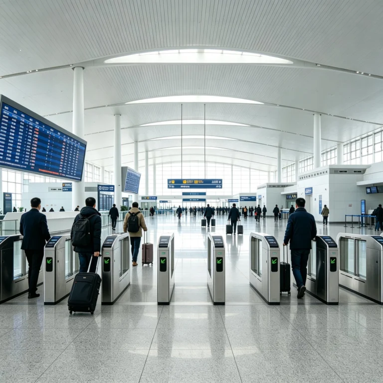 Turnstile Access Control for Transportation Hubs, passengers passing through speed gates in airport terminalployee, visitor and restricted area security.