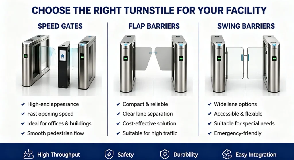 Different turnstile types for high traffic access control applications