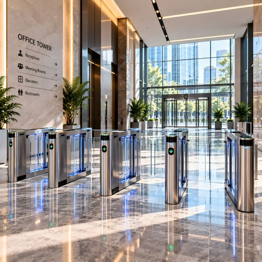 office building turnstile gate at a modern corporate entrance