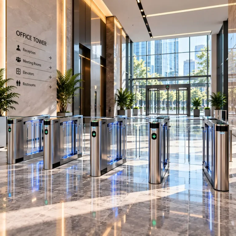 office building turnstile gate at a modern corporate entrance